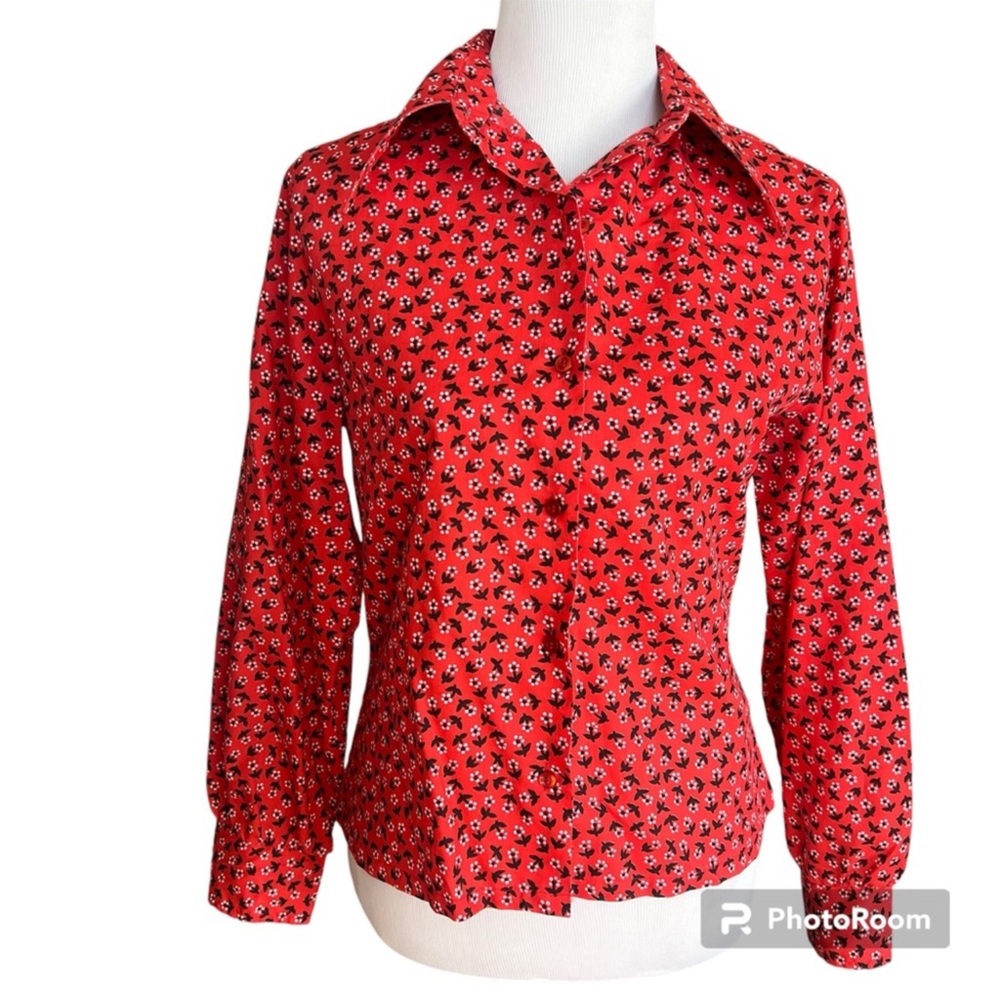 Vintage 70s Sears Roebuck Point Collar Permanent-prest Shirt Red Floral